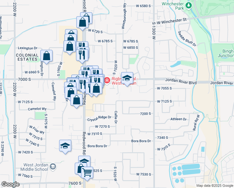 map of restaurants, bars, coffee shops, grocery stores, and more near West Compass Point Lane in West Jordan