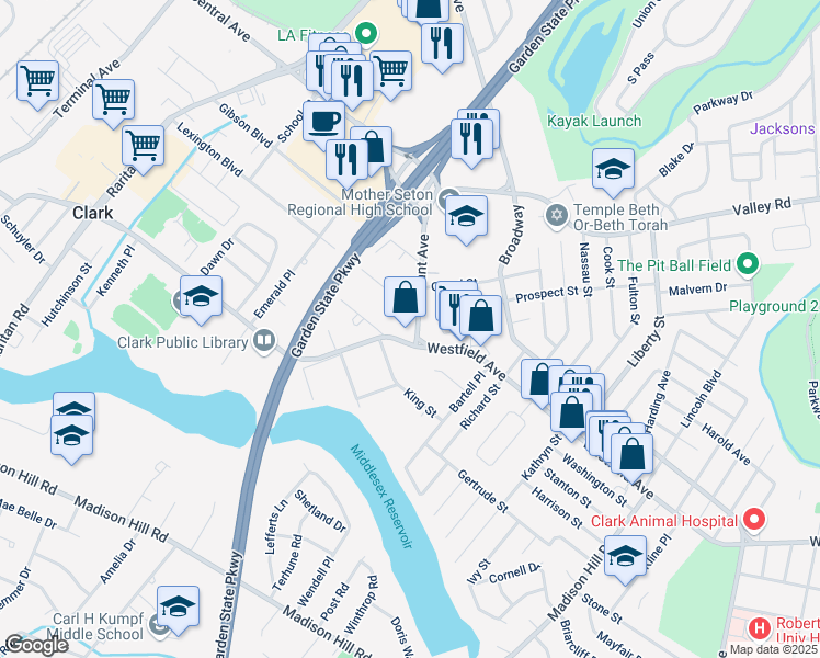 map of restaurants, bars, coffee shops, grocery stores, and more near 15 Brant Avenue in Clark