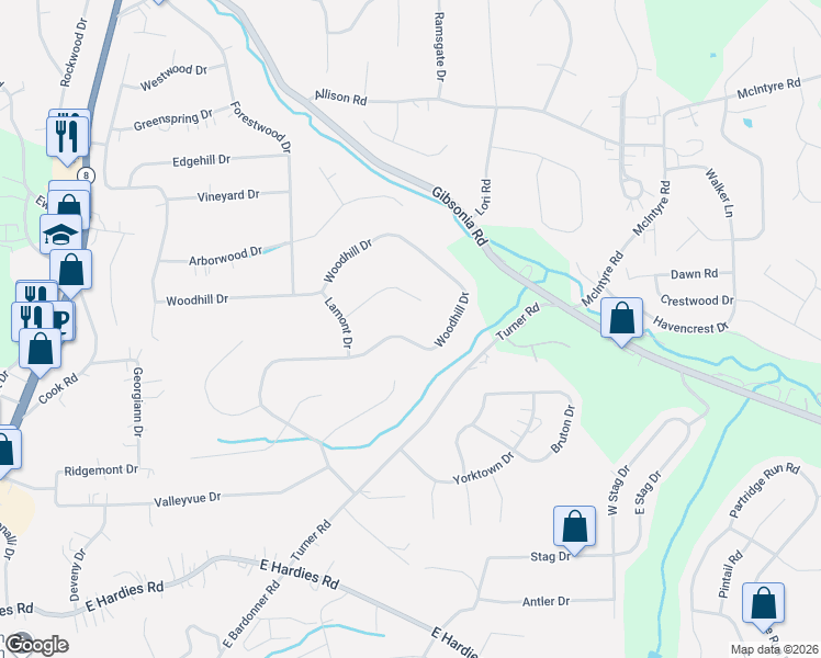 map of restaurants, bars, coffee shops, grocery stores, and more near 1601 Mountain View Drive in Gibsonia