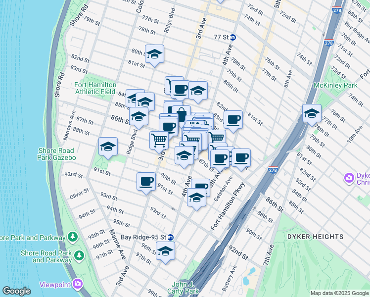 map of restaurants, bars, coffee shops, grocery stores, and more near 151 86th Street in Brooklyn