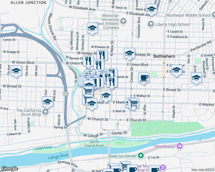 map of restaurants, bars, coffee shops, grocery stores, and more near 8 West Broad Street in Bethlehem