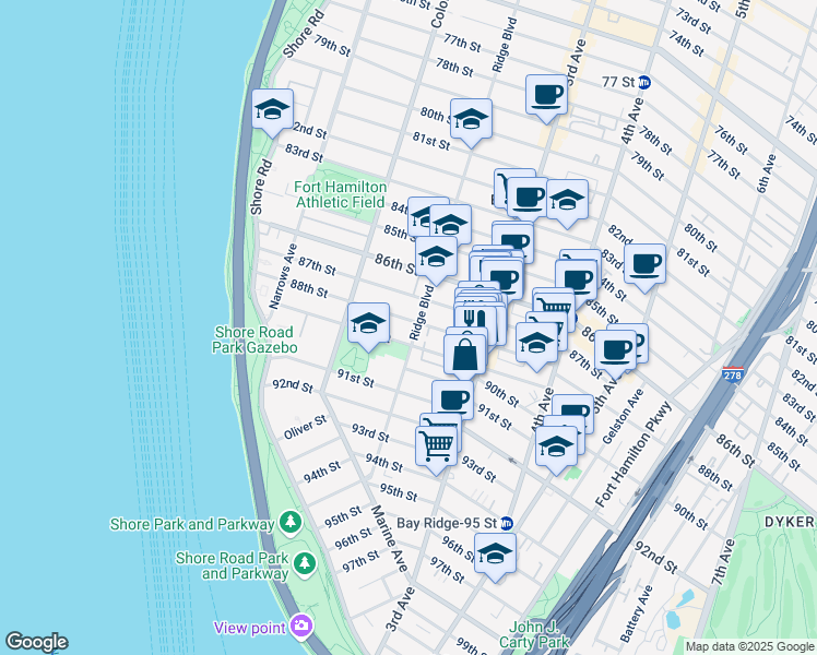 map of restaurants, bars, coffee shops, grocery stores, and more near 8601 Ridge Boulevard in Brooklyn