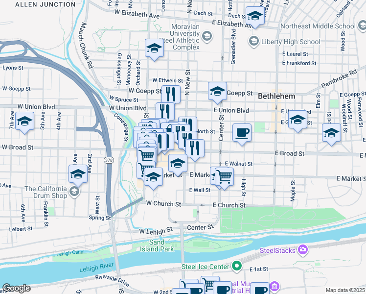 map of restaurants, bars, coffee shops, grocery stores, and more near 21 East Raspberry Street in Bethlehem