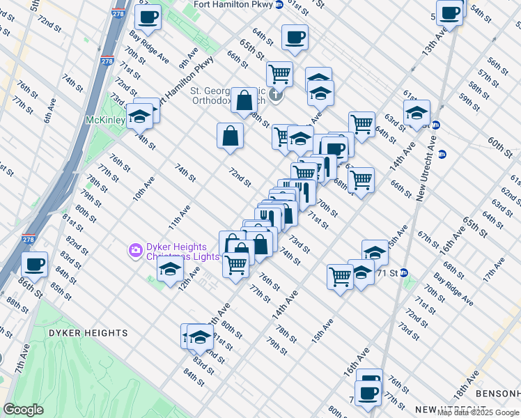 map of restaurants, bars, coffee shops, grocery stores, and more near 1225 73rd Street in Brooklyn