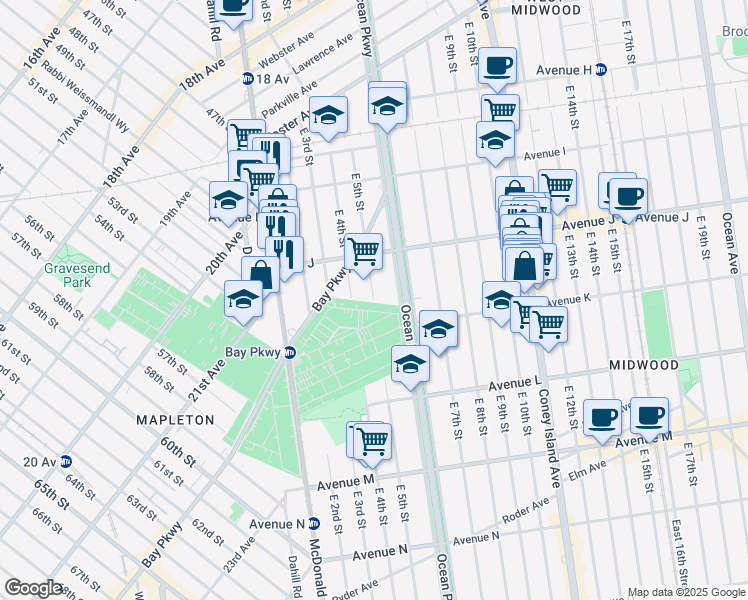 map of restaurants, bars, coffee shops, grocery stores, and more near East 5th Street in Brooklyn