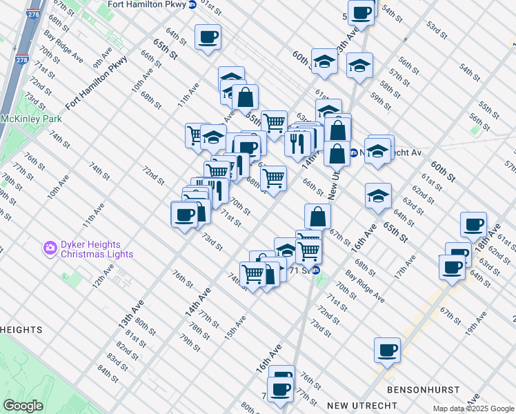 map of restaurants, bars, coffee shops, grocery stores, and more near 1368 Bay Ridge Avenue in Brooklyn
