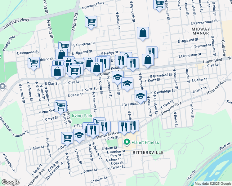map of restaurants, bars, coffee shops, grocery stores, and more near 836-838 North Maxwell Street in Allentown