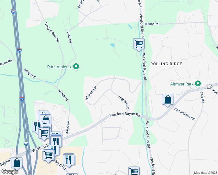 map of restaurants, bars, coffee shops, grocery stores, and more near 728 Highpoint Drive in Wexford