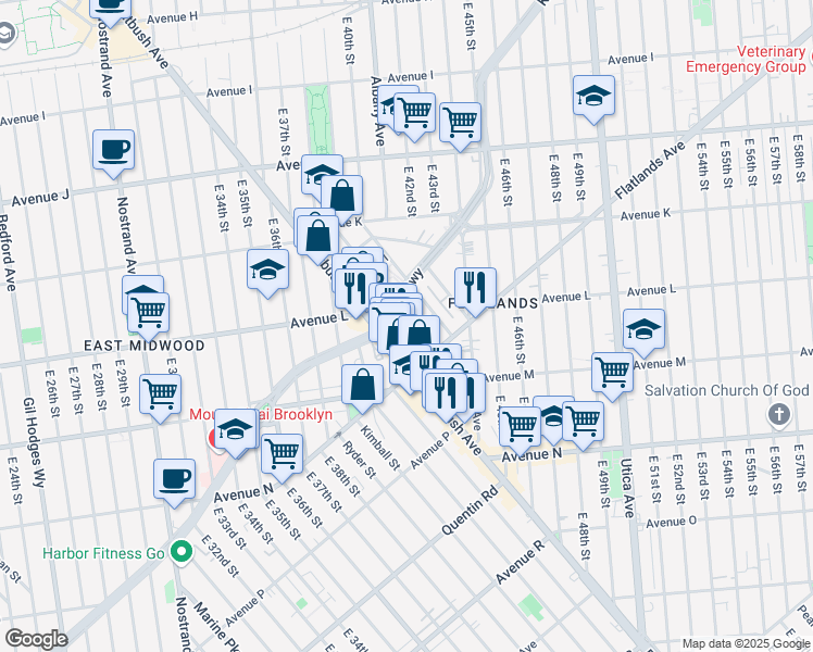 map of restaurants, bars, coffee shops, grocery stores, and more near 3900 Kings Highway in Brooklyn
