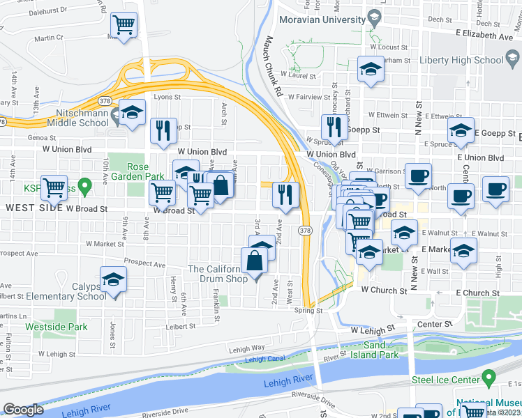 map of restaurants, bars, coffee shops, grocery stores, and more near 328 West Broad Street in Bethlehem