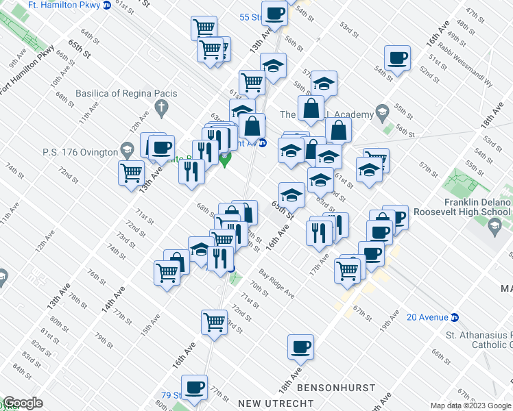 map of restaurants, bars, coffee shops, grocery stores, and more near 1513 66th Street in Brooklyn