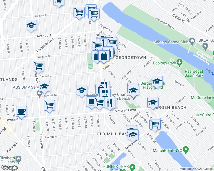 map of restaurants, bars, coffee shops, grocery stores, and more near 2259 Ralph Avenue in Brooklyn