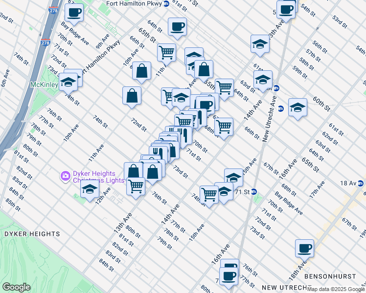 map of restaurants, bars, coffee shops, grocery stores, and more near 13th Avenue & 71st Street in Brooklyn