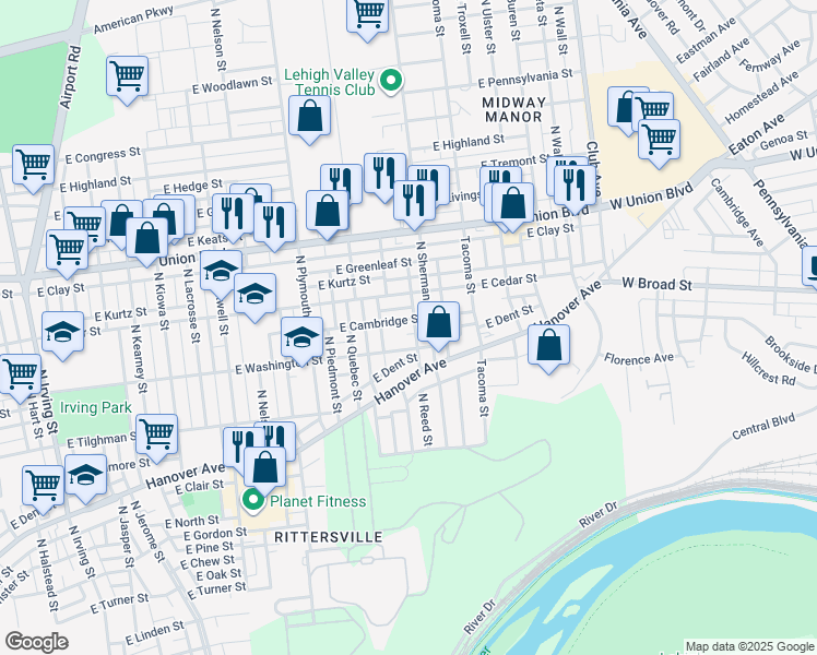 map of restaurants, bars, coffee shops, grocery stores, and more near 1803 East Cambridge Street in Allentown