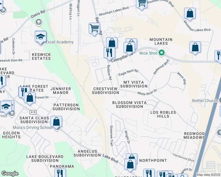 map of restaurants, bars, coffee shops, grocery stores, and more near 1156 Beltline Road in Redding