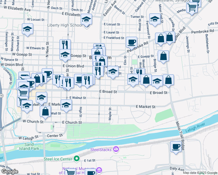 map of restaurants, bars, coffee shops, grocery stores, and more near 611 Maple Street in Bethlehem