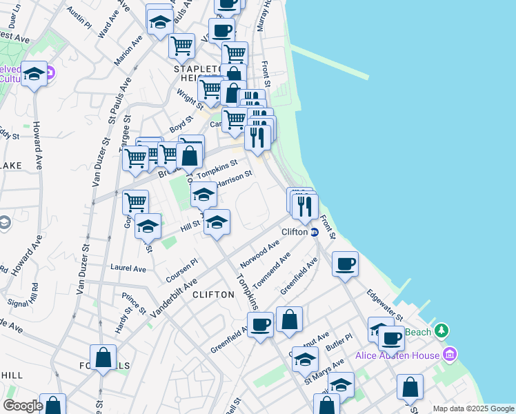 map of restaurants, bars, coffee shops, grocery stores, and more near 75 Vanderbilt Avenue in Staten Island