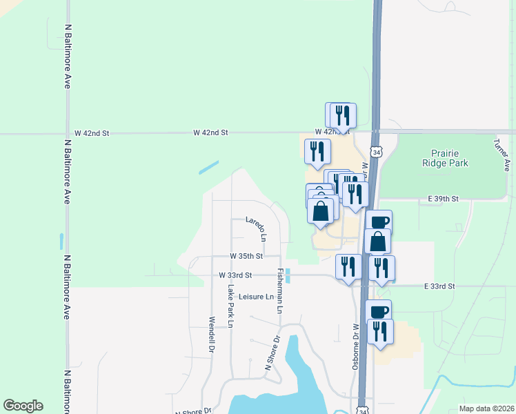 map of restaurants, bars, coffee shops, grocery stores, and more near 3810 West 38th Street in Hastings