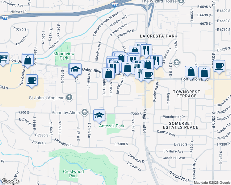 map of restaurants, bars, coffee shops, grocery stores, and more near 7058 De Ville Drive East in Cottonwood Heights