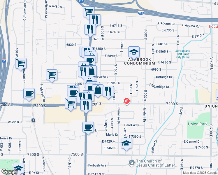 map of restaurants, bars, coffee shops, grocery stores, and more near 150 East 7060 South in Midvale