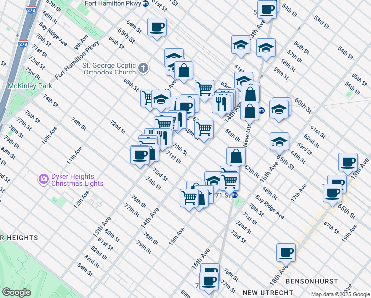 map of restaurants, bars, coffee shops, grocery stores, and more near 1353 Bay Ridge Avenue in Brooklyn