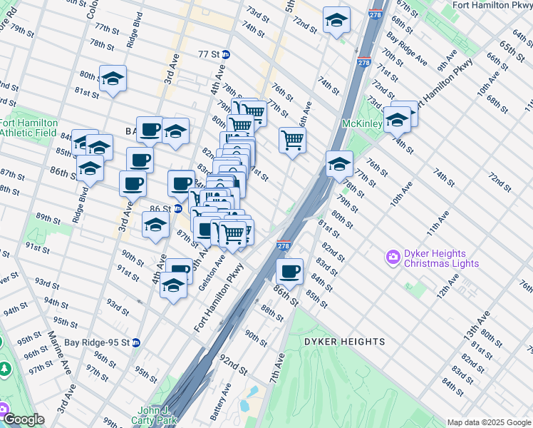map of restaurants, bars, coffee shops, grocery stores, and more near 551 83rd Street in Brooklyn
