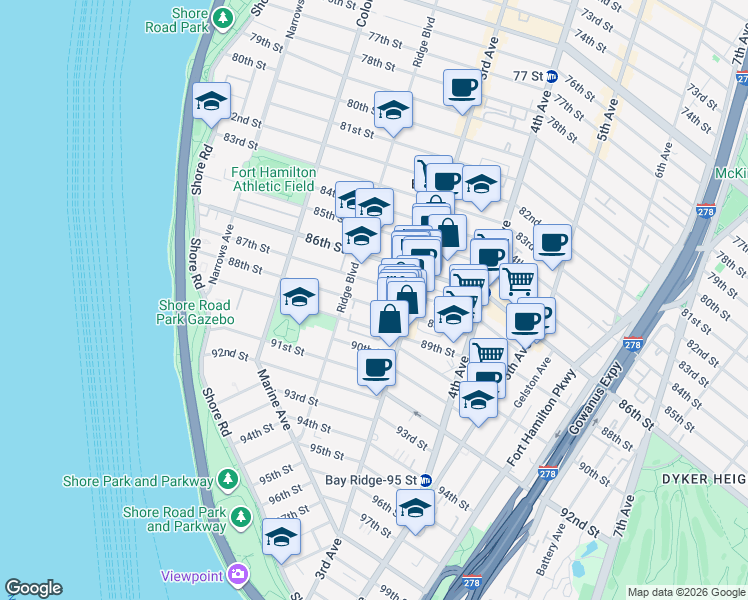 map of restaurants, bars, coffee shops, grocery stores, and more near 248 87th Street in Brooklyn