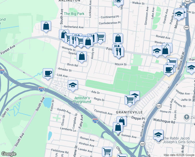 map of restaurants, bars, coffee shops, grocery stores, and more near 76 Benjamin Drive in Staten Island