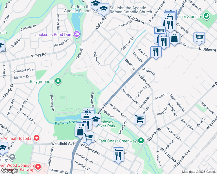 map of restaurants, bars, coffee shops, grocery stores, and more near 922 Apgar Terrace in Rahway