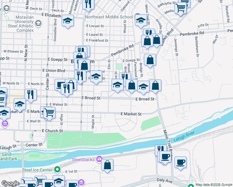map of restaurants, bars, coffee shops, grocery stores, and more near 631 Dellwood Street in Bethlehem