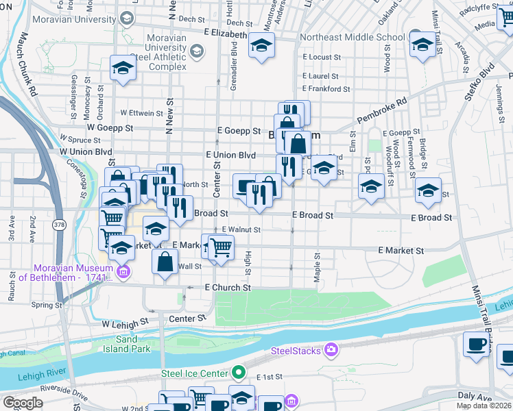map of restaurants, bars, coffee shops, grocery stores, and more near 625 High Street in Bethlehem