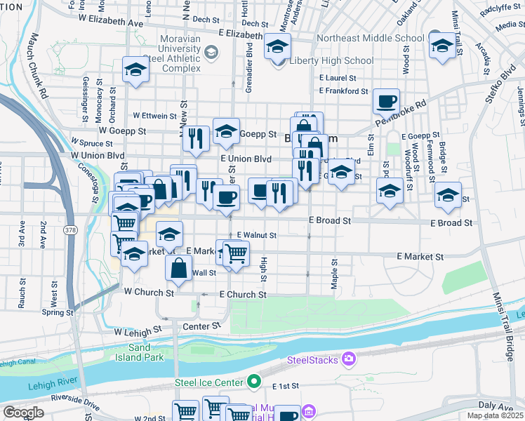 map of restaurants, bars, coffee shops, grocery stores, and more near 625 High Street in Bethlehem