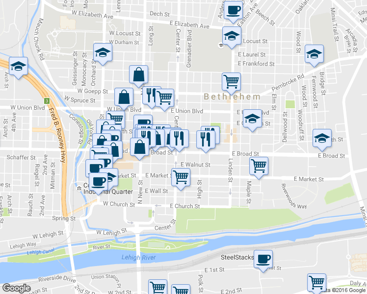 map of restaurants, bars, coffee shops, grocery stores, and more near 626 Center Street in Bethlehem