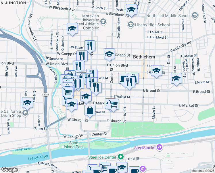 map of restaurants, bars, coffee shops, grocery stores, and more near 47 East Raspberry Street in Bethlehem