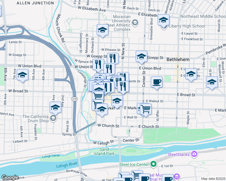 map of restaurants, bars, coffee shops, grocery stores, and more near 28 West Raspberry Street in Bethlehem