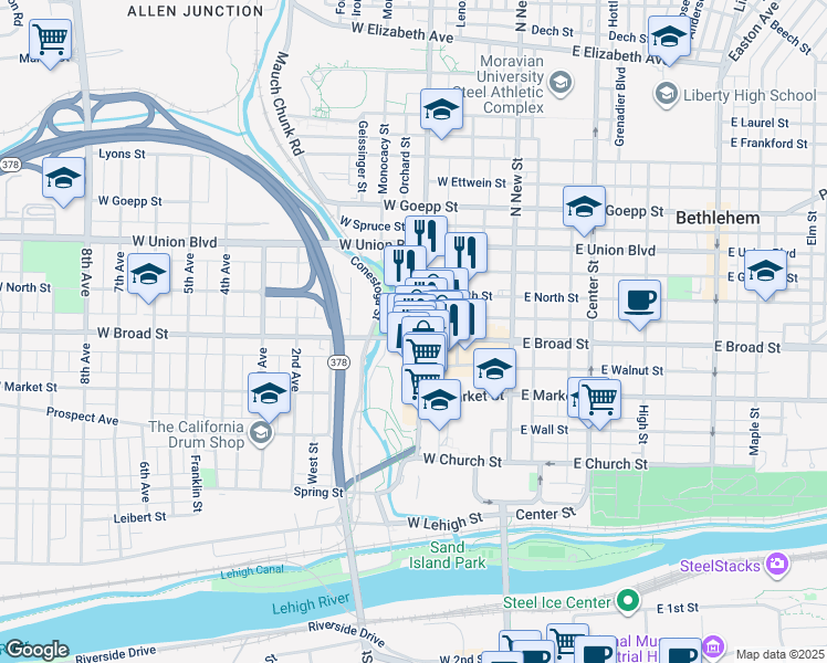 map of restaurants, bars, coffee shops, grocery stores, and more near 104 West Broad Street in Bethlehem