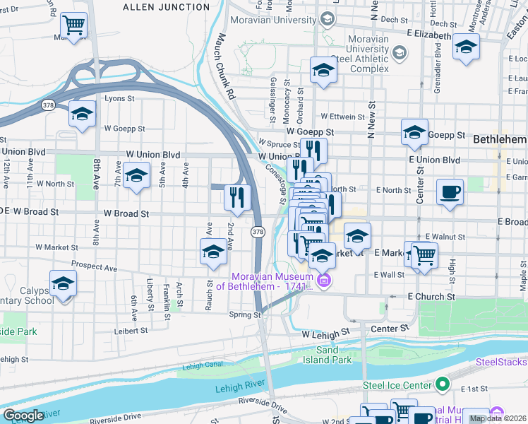 map of restaurants, bars, coffee shops, grocery stores, and more near 204 West Broad Street in Bethlehem