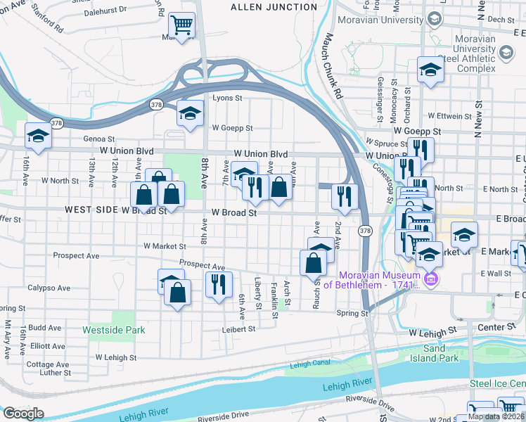 map of restaurants, bars, coffee shops, grocery stores, and more near 617 5th Avenue in Bethlehem