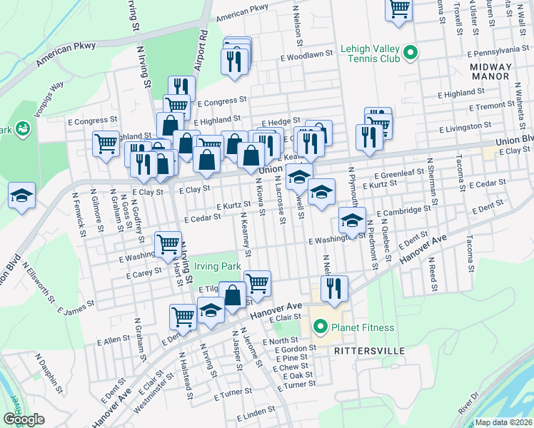 map of restaurants, bars, coffee shops, grocery stores, and more near 1131 East Cedar Street in Allentown