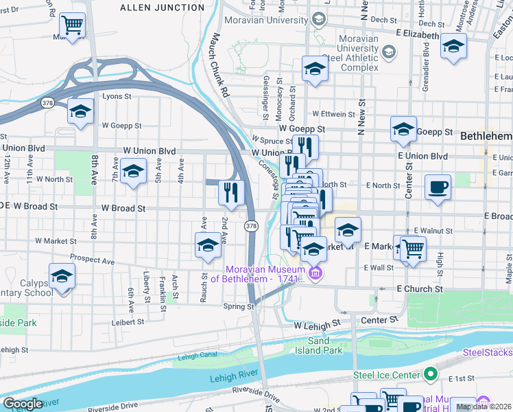 map of restaurants, bars, coffee shops, grocery stores, and more near 204 West Broad Street in Bethlehem