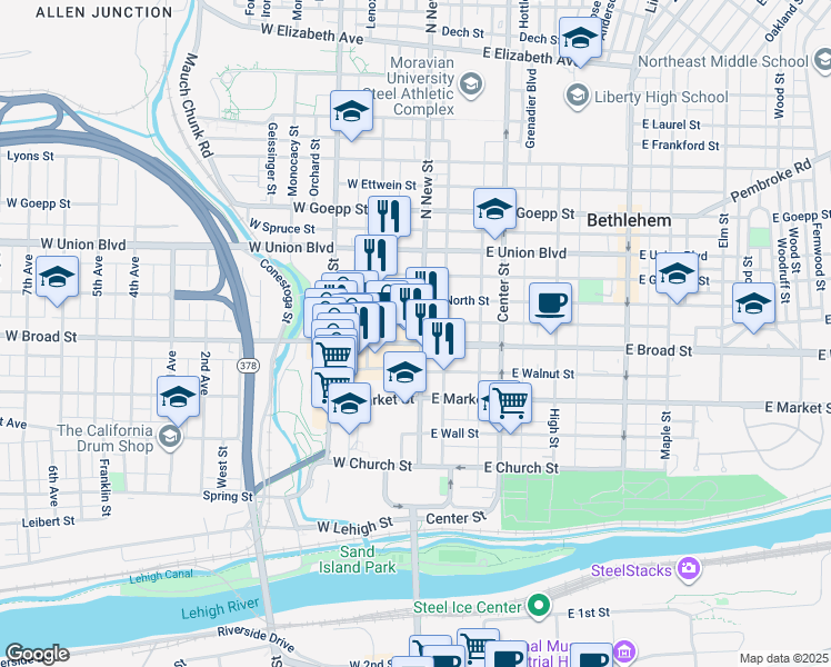 map of restaurants, bars, coffee shops, grocery stores, and more near 21 East Raspberry Street in Bethlehem