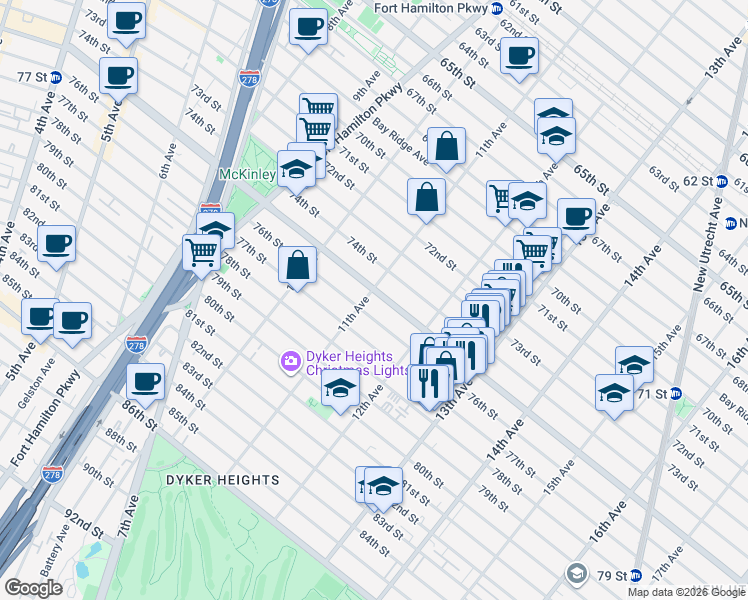 map of restaurants, bars, coffee shops, grocery stores, and more near 7423 11th Avenue in Brooklyn
