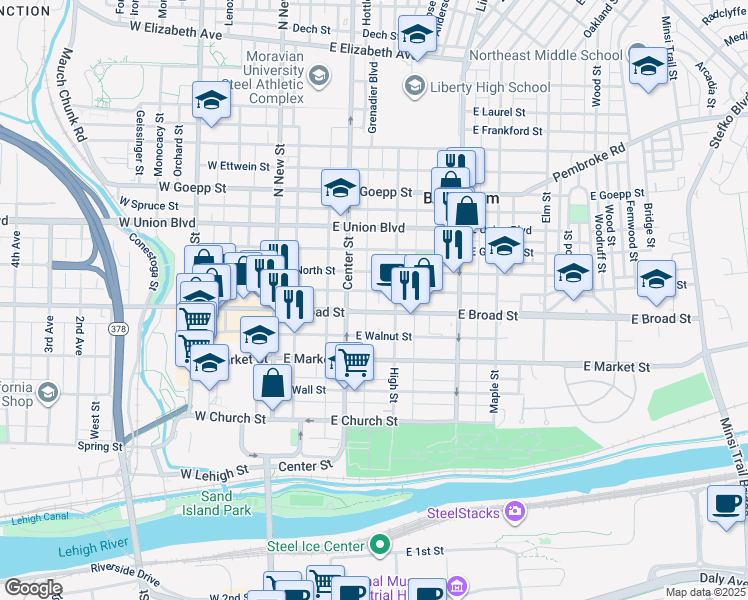 map of restaurants, bars, coffee shops, grocery stores, and more near 127 East Broad Street in Bethlehem