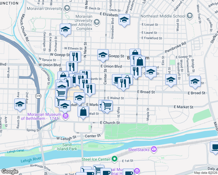 map of restaurants, bars, coffee shops, grocery stores, and more near 626 Center Street in Bethlehem