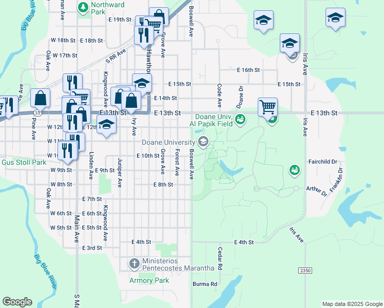 map of restaurants, bars, coffee shops, grocery stores, and more near 1014 Boswell Avenue in Crete