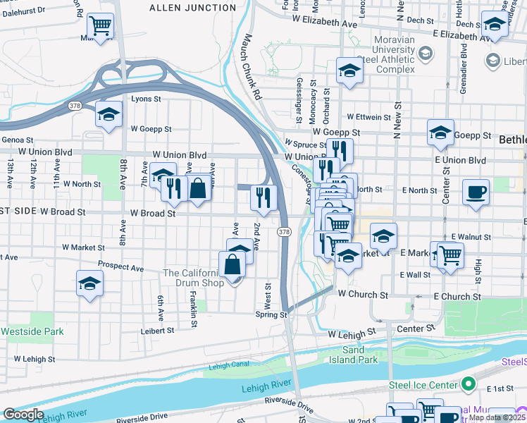 map of restaurants, bars, coffee shops, grocery stores, and more near 224 West Broad Street in Bethlehem