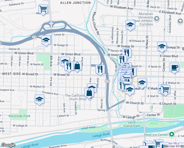 map of restaurants, bars, coffee shops, grocery stores, and more near 326 West Broad Street in Bethlehem