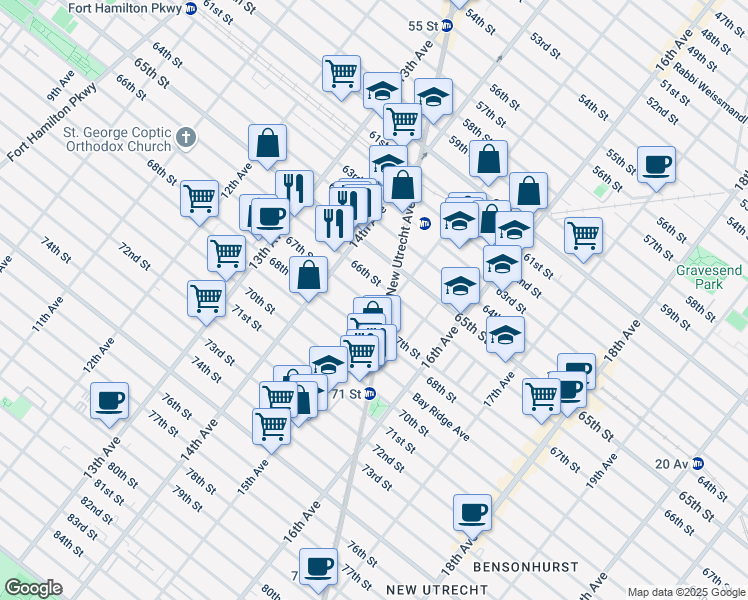 map of restaurants, bars, coffee shops, grocery stores, and more near 6526 New Utrecht Avenue in Brooklyn