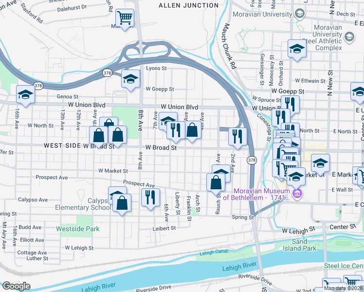 map of restaurants, bars, coffee shops, grocery stores, and more near 617 5th Avenue in Bethlehem