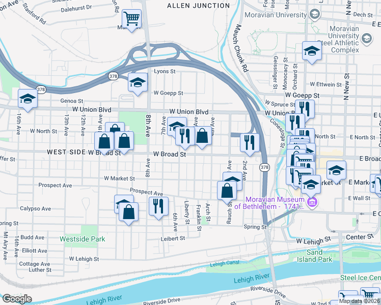 map of restaurants, bars, coffee shops, grocery stores, and more near 617 5th Avenue in Bethlehem